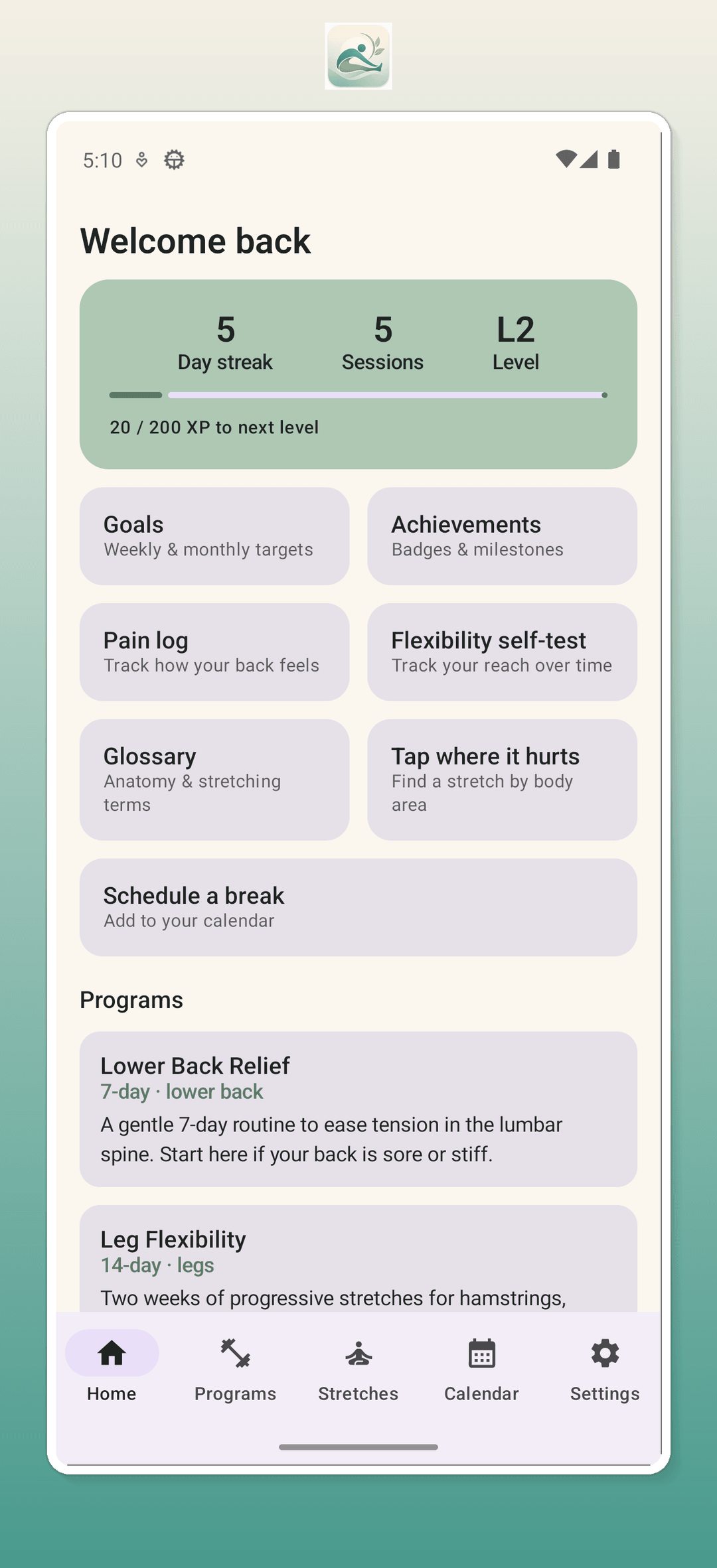 Home screen with streak, sessions, level stats, and quick actions