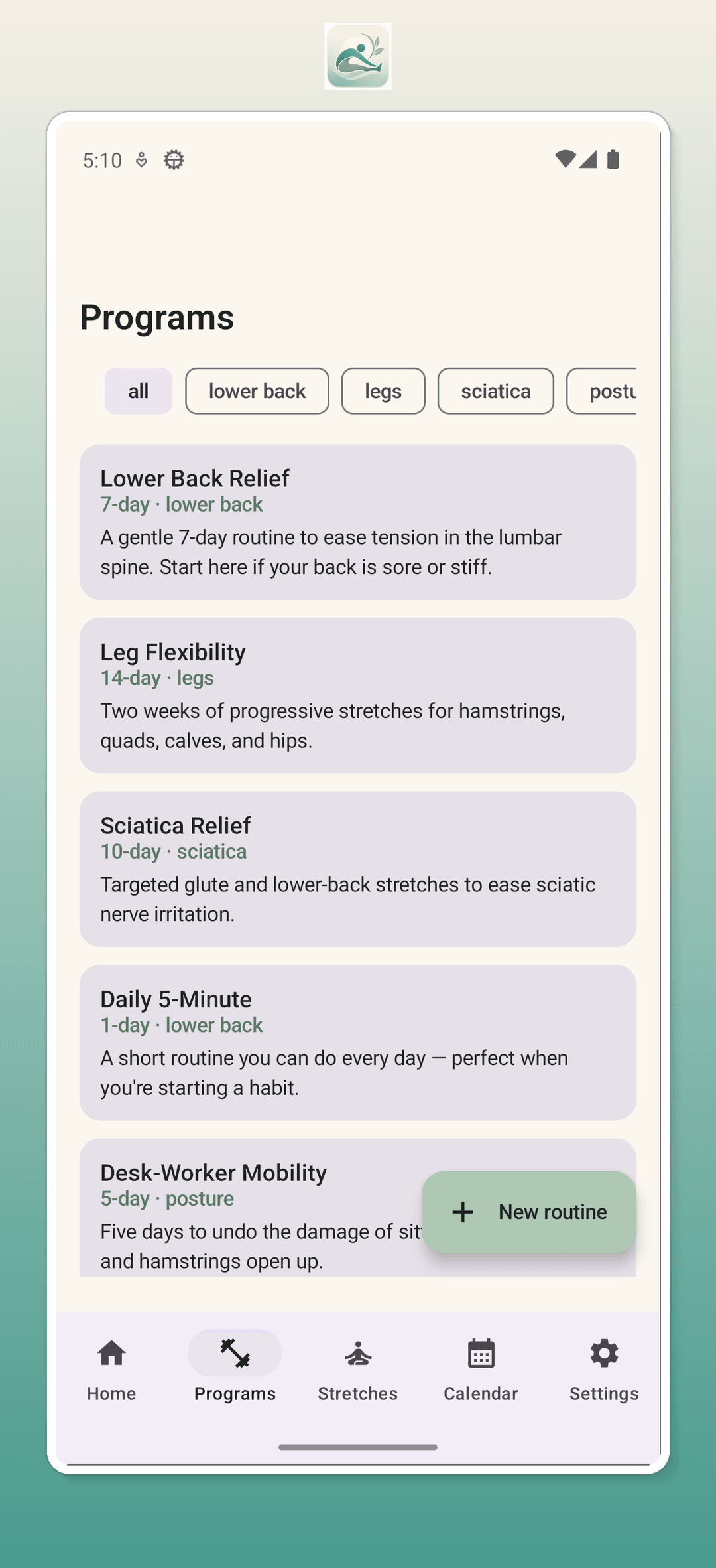 Programs list showing built-in routines like Lower Back Relief and Hip Opener