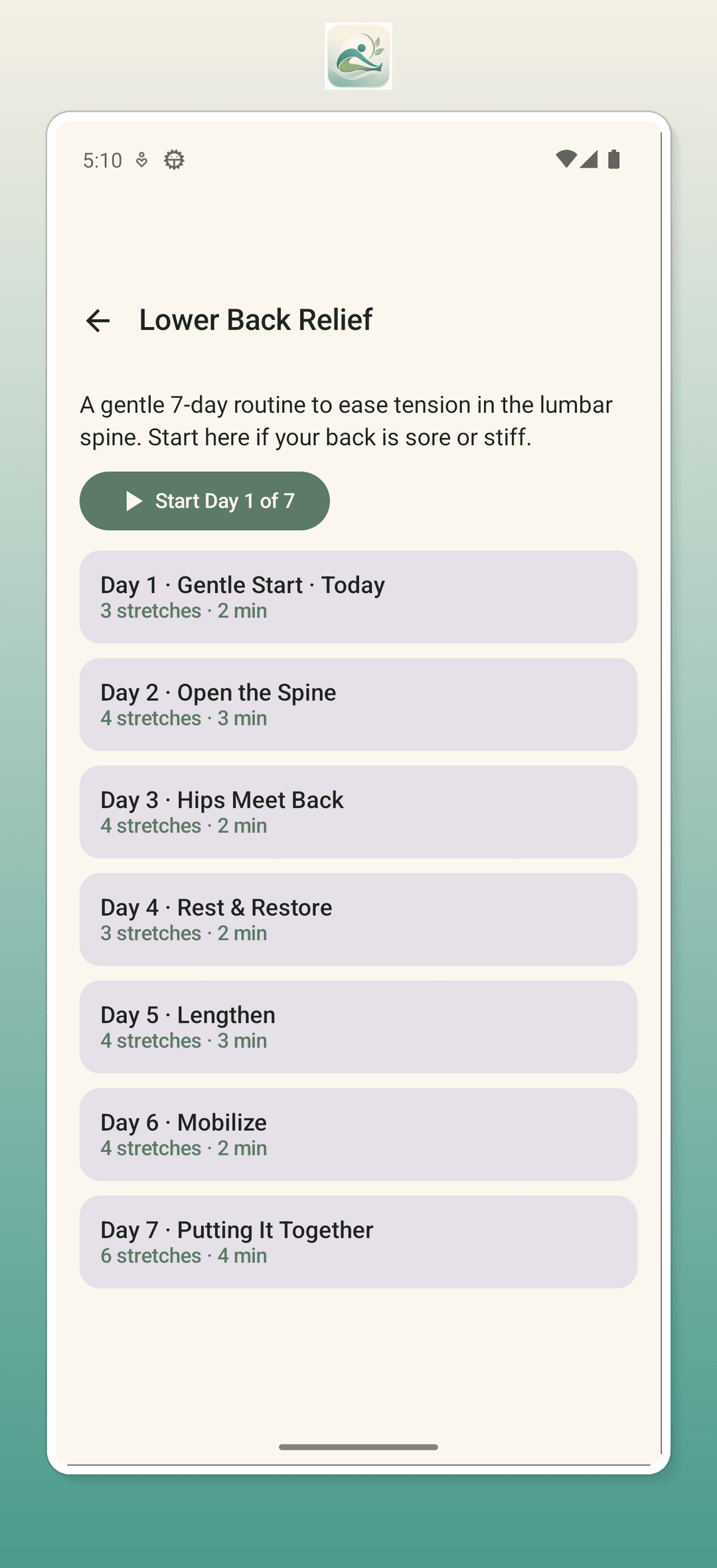 Program detail with day-by-day stretch schedule
