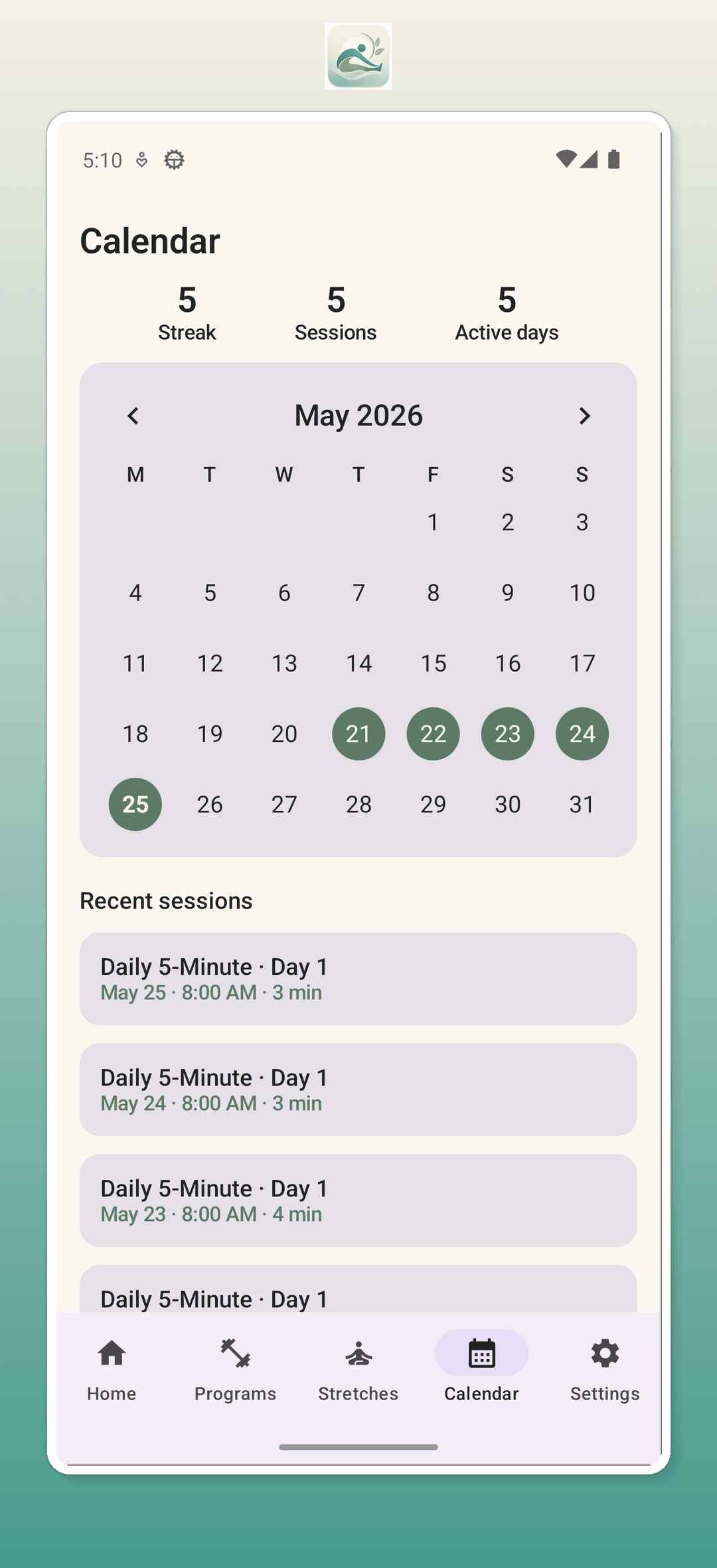 Calendar view showing completed stretching sessions