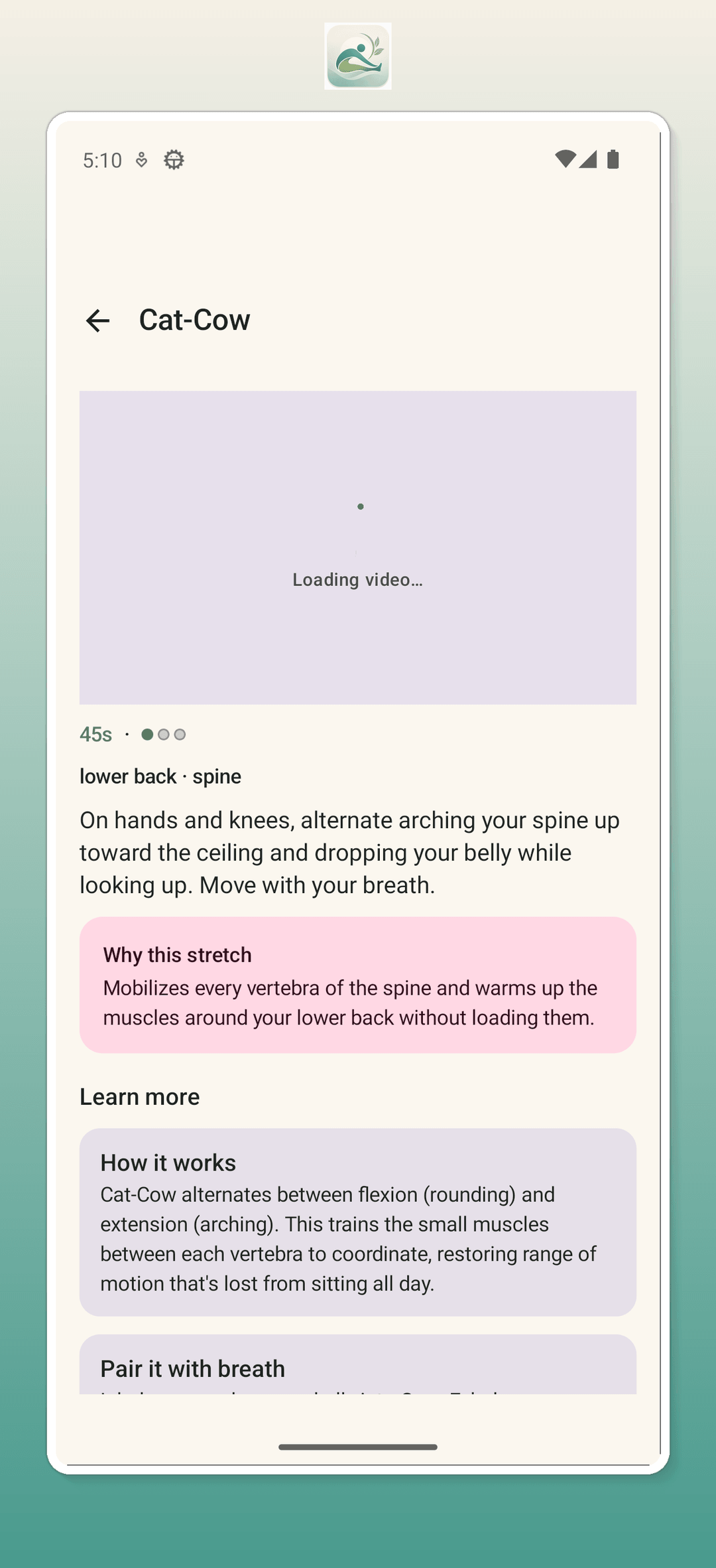 Stretch detail with video demo, description, and educational cards