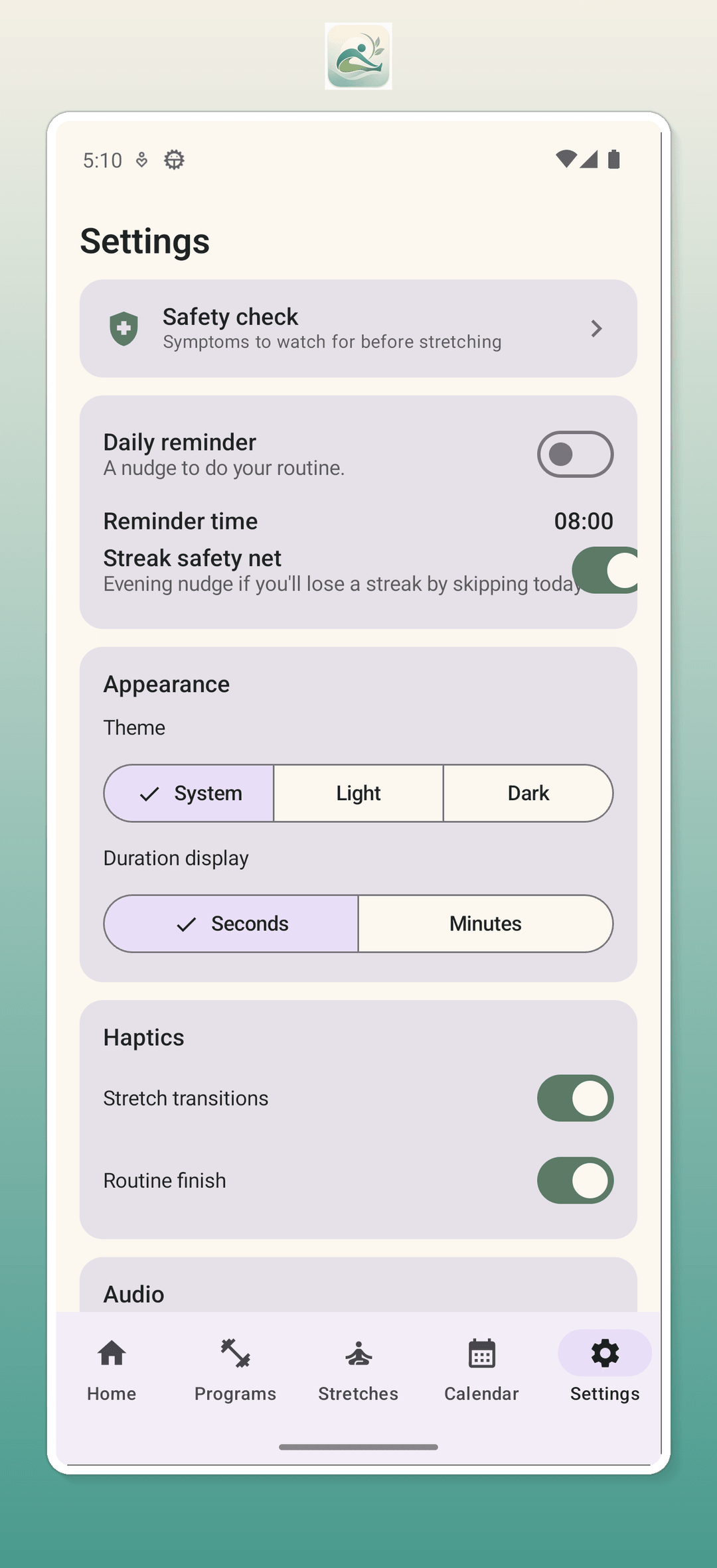 Settings screen with reminders, haptics, audio, and Health Connect