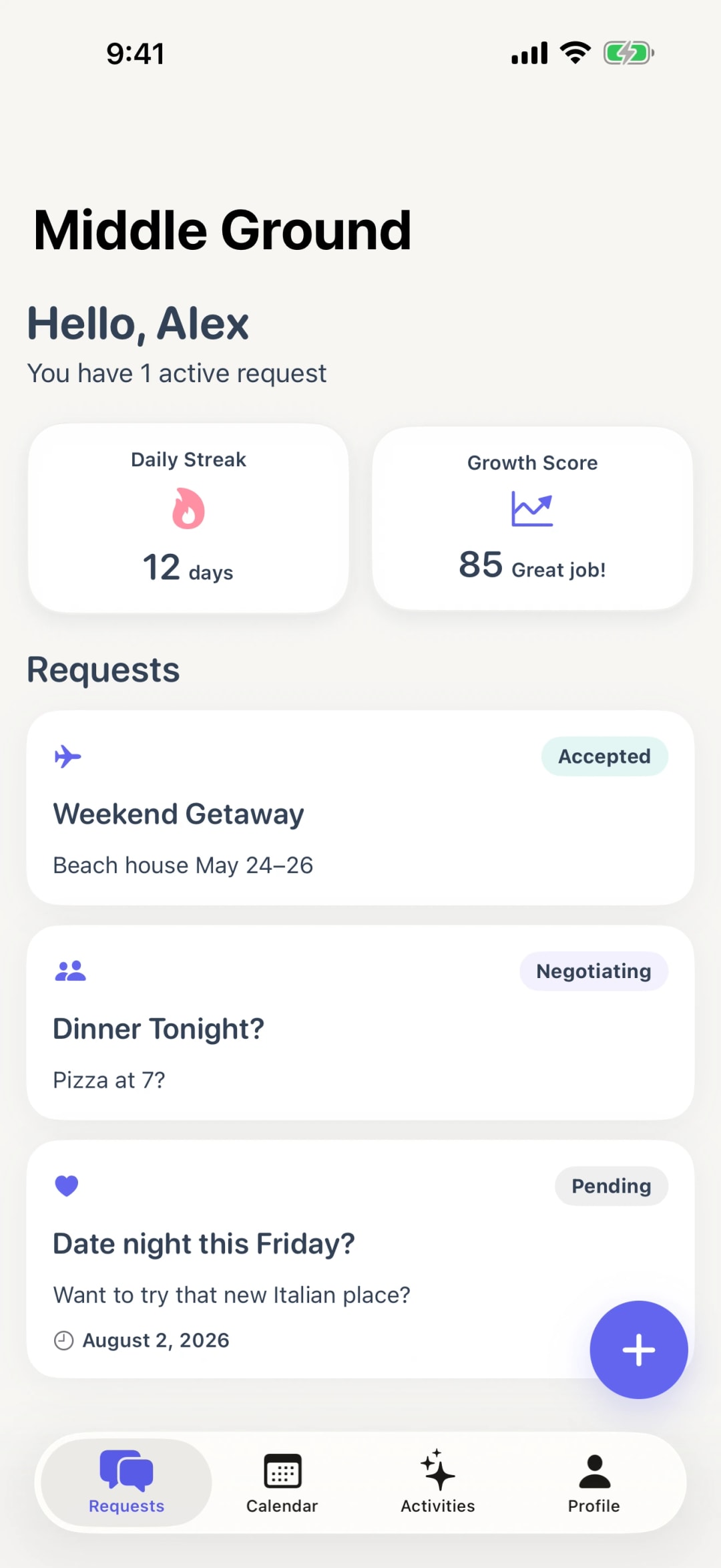 Requests feed showing the plans waiting on a reply