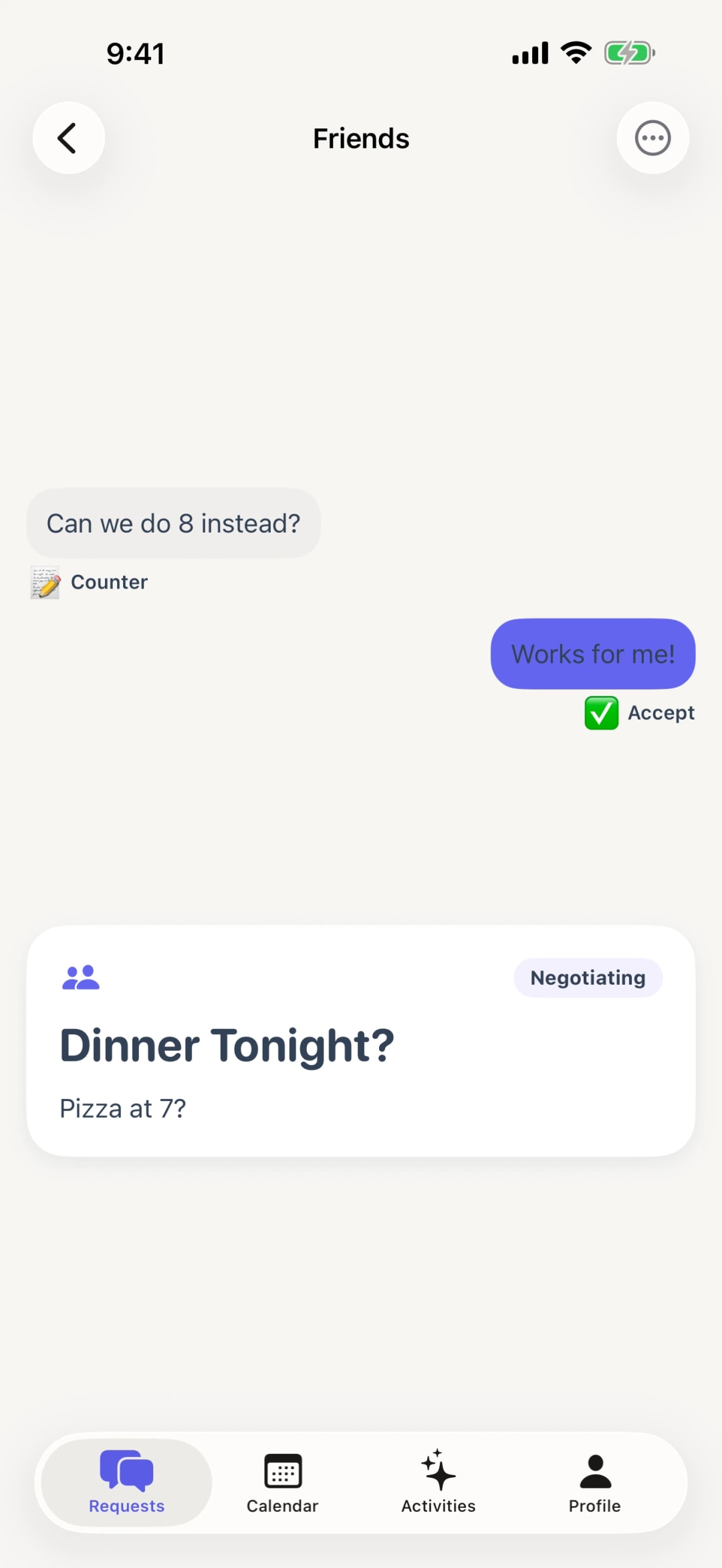 A plan mid-negotiation, with accept, suggest, and decline