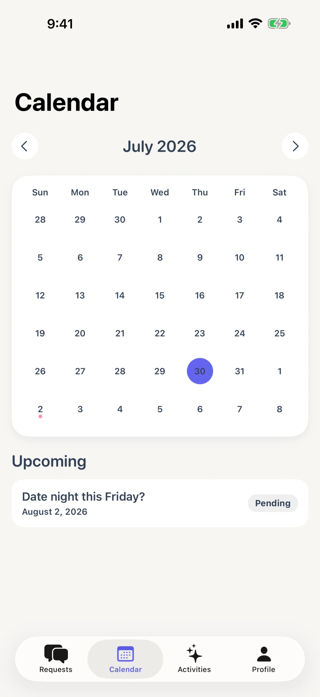 A month of agreed plans in the calendar view