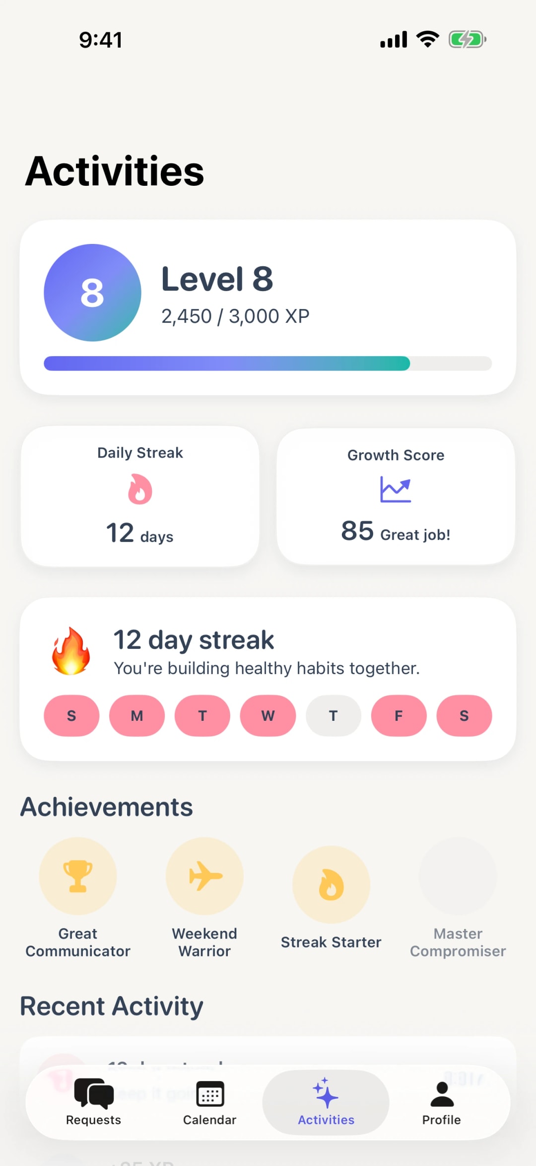 Activities screen with XP, streak, and per-category levels