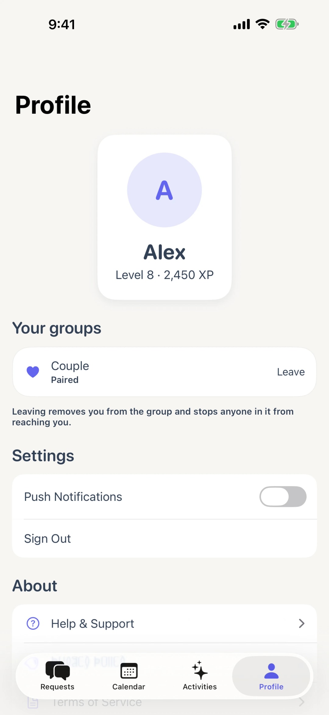 Profile screen showing groups and their invite codes