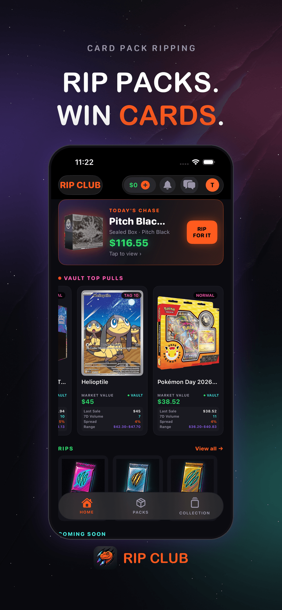 Rip Club home feed with active rips, chase boxes, and top pulls