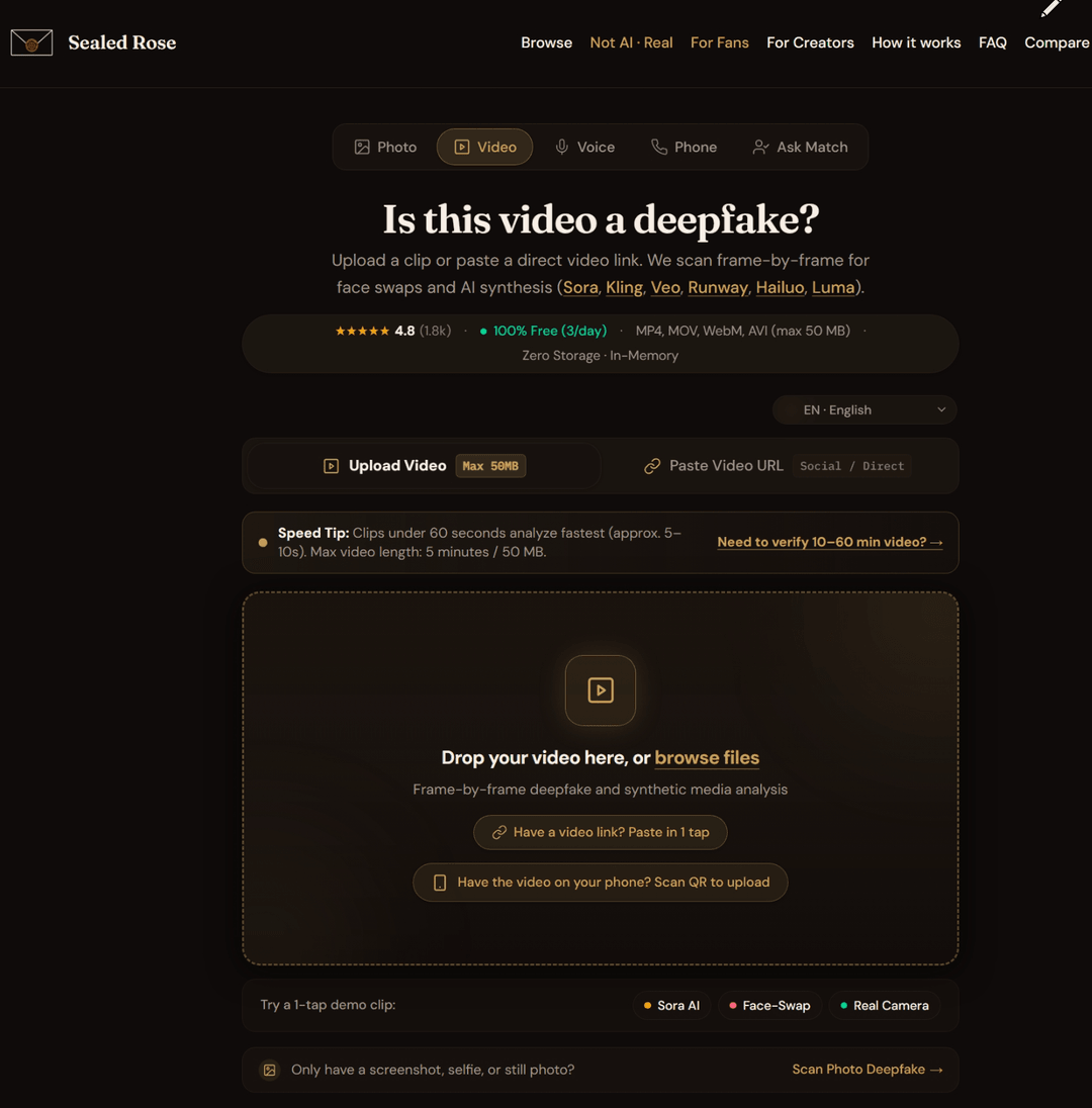 Deepfake and synthetic media verification dropzone
