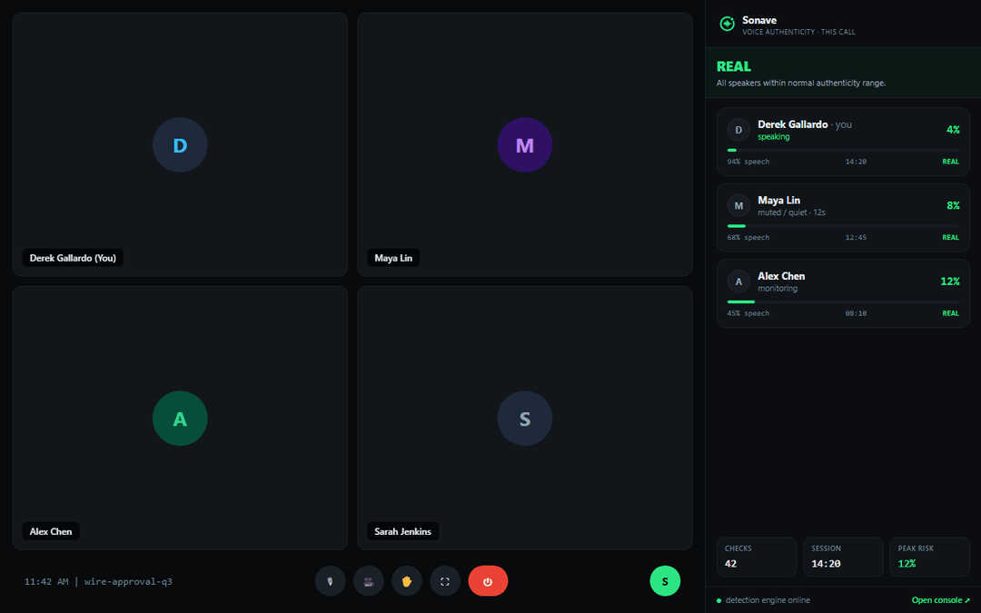 Voice authenticity monitoring active in Google Meet call